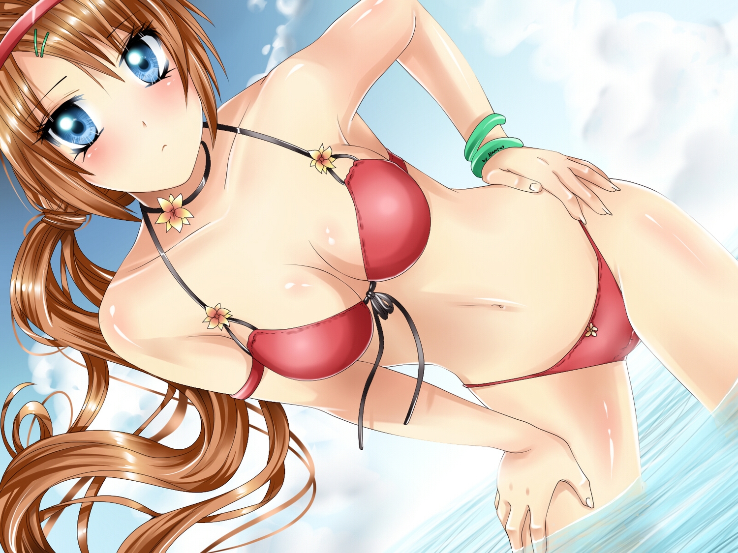 bikini, blue_eyes, blush, breasts, brown_hair, choker, cleavage, clouds, flowers, haruki_ayana, headband, long_hair, nami_(nyaa), navel, original, ponytail, signed, sky, summer, swimsuit, water