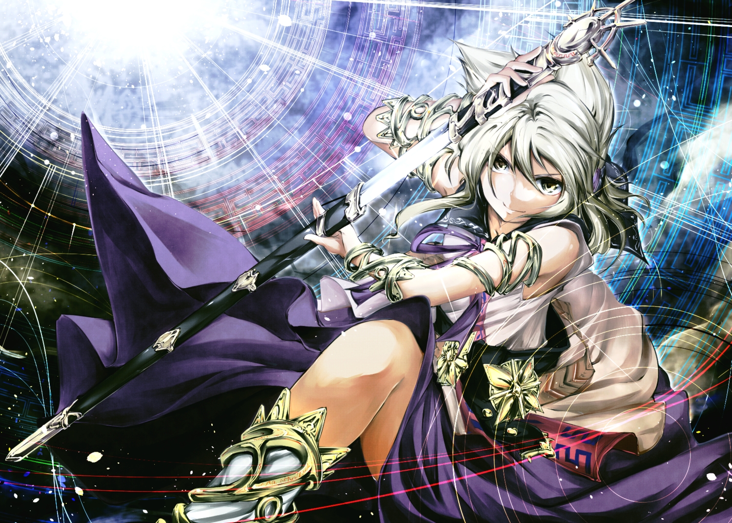 brown_eyes, dress, katana, noise-111, short_hair, skirt, sword, touhou, toyosatomimi_no_miko, weapon, white_hair