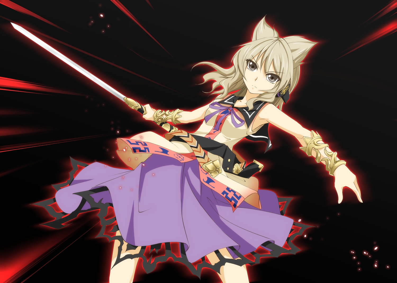 brown_eyes, brown_hair, headphones, noise-111, ribbons, short_hair, skirt, sword