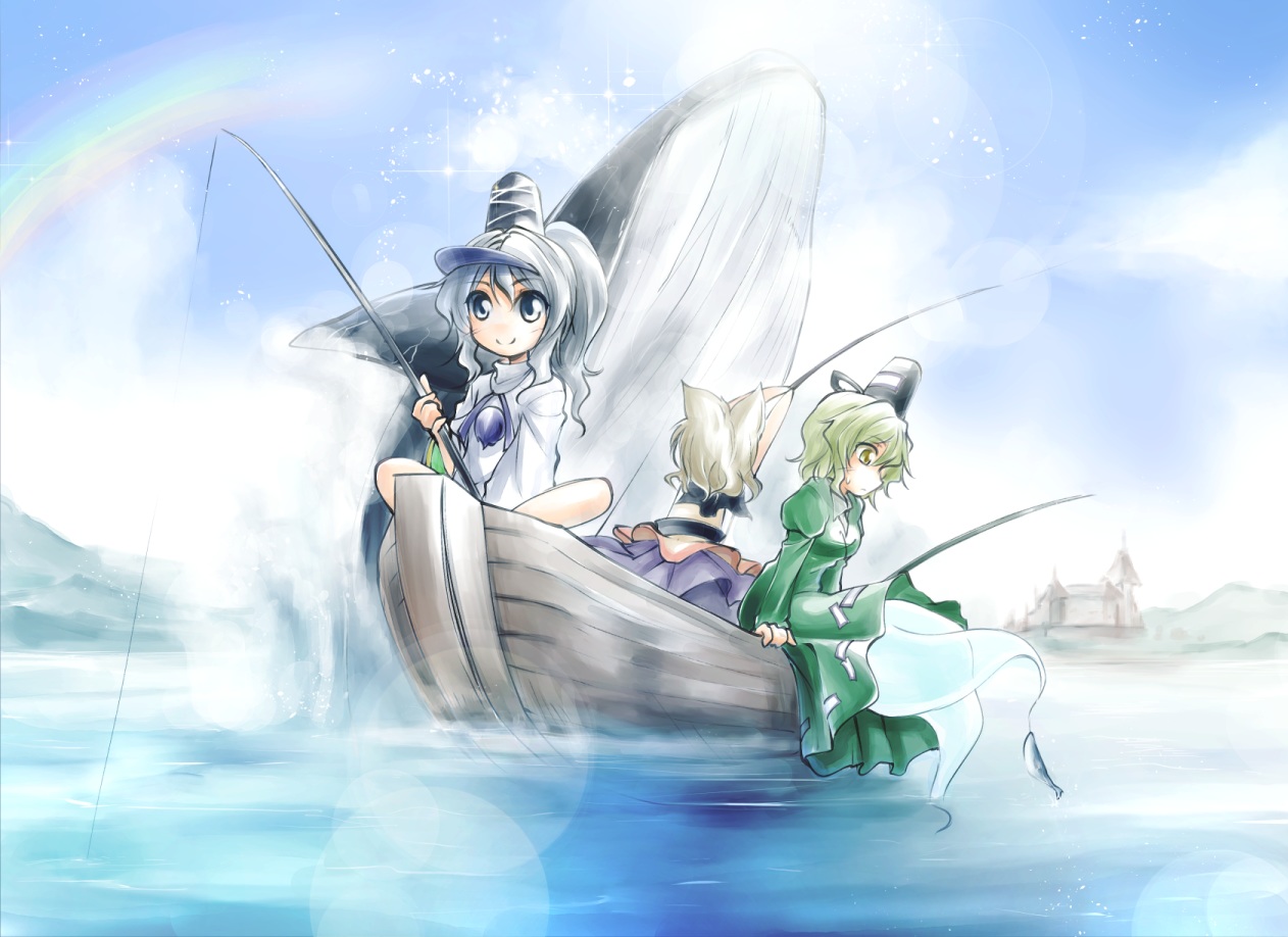 animal, blue_eyes, boat, brown_hair, dress, fish, gray_hair, green_eyes