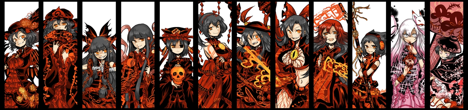 bandage, black_hair, bow, chain, dualscreen, fan, feathers, flowers