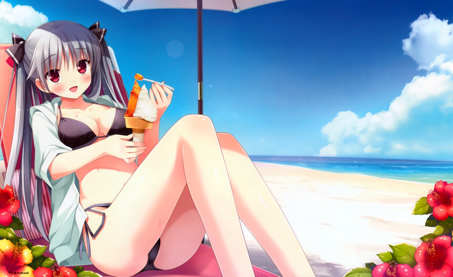 beach, bikini, blush, breasts, cleavage, clouds, cube, flowers, food, gray_hair, ice_cream, kanekiyo_miwa, kurano-kunchi_no_futago_jijou, kurano_tomoka, long_hair, red_eyes, ribbons, scan, sky, swimsuit, twintails, umbrella, water, watermark