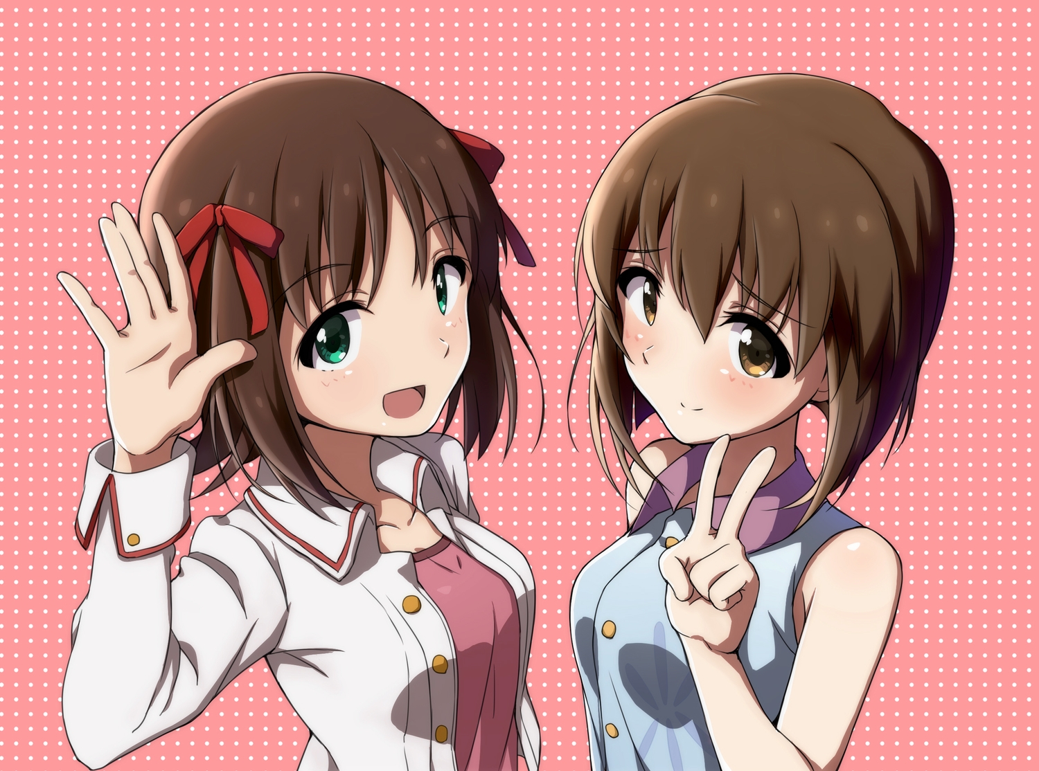 2girls, amami_haruka, blush, brown_eyes, brown_hair, green_eyes, hagiwara_yukiho, idolmaster