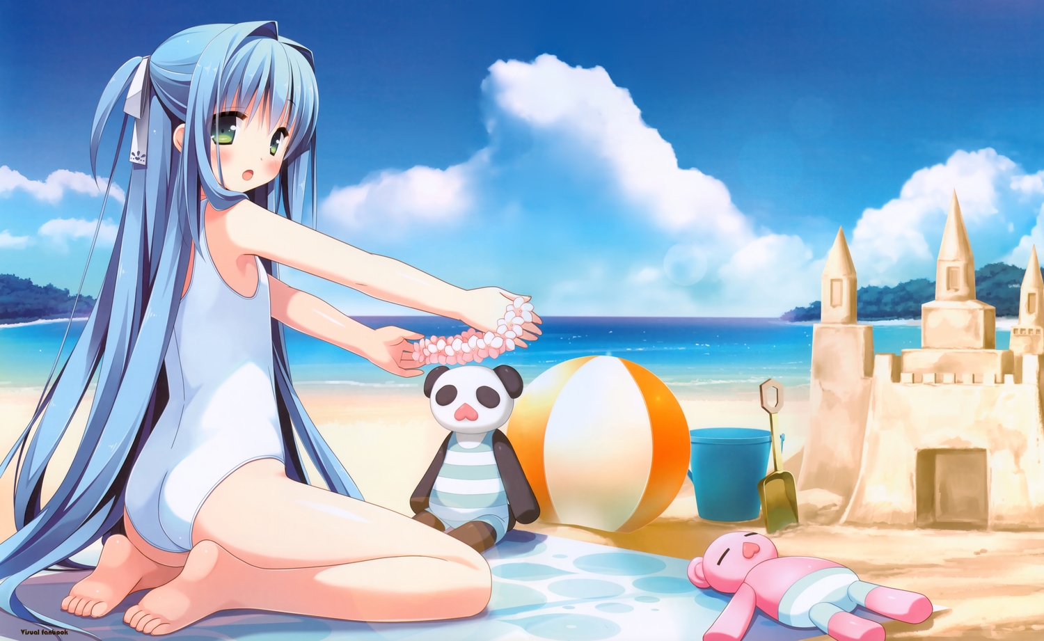 ball, barefoot, beach, blue_hair, blush, clouds, cube, flat_chest