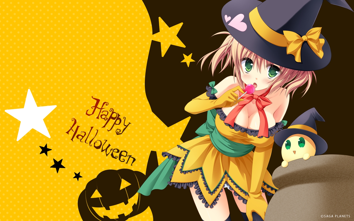 blush, bow, breasts, brown_hair, candy, cleavage, elbow_gloves, food