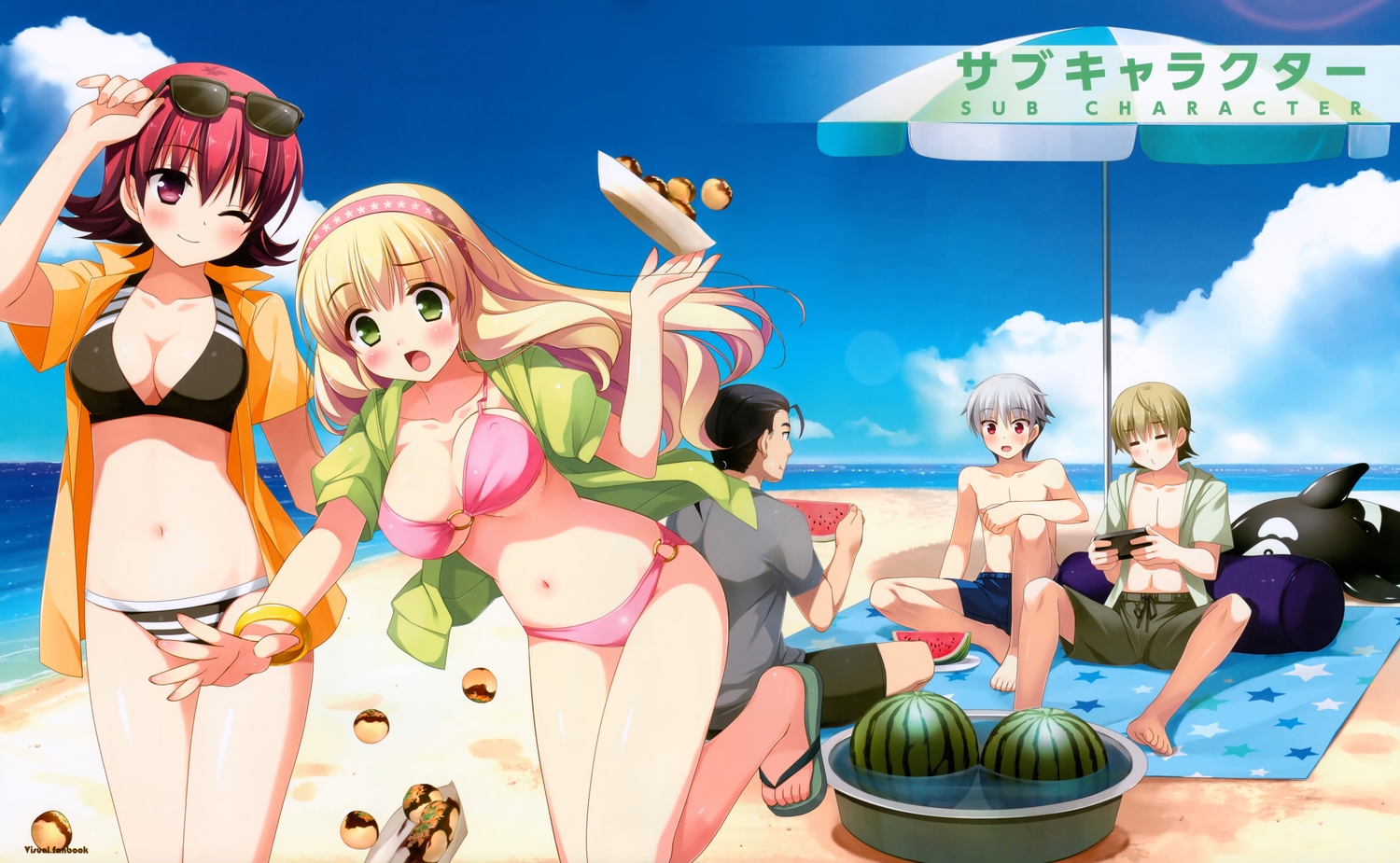 barefoot, beach, bikini, black_hair, blonde_hair, breasts, cleavage, cube, food, fruit, game_console, green_eyes, group, headband, kanekiyo_miwa, kurano_kazuya, kurano-kunchi_no_futago_jijou, kurano_sae, long_hair, male, navel, okano_shizuko, open_shirt, purple_eyes, red_eyes, red_hair, short_hair, sunglasses, swimsuit, tagme_(character), umbrella, water, watermark, watermelon, white_hair, wink