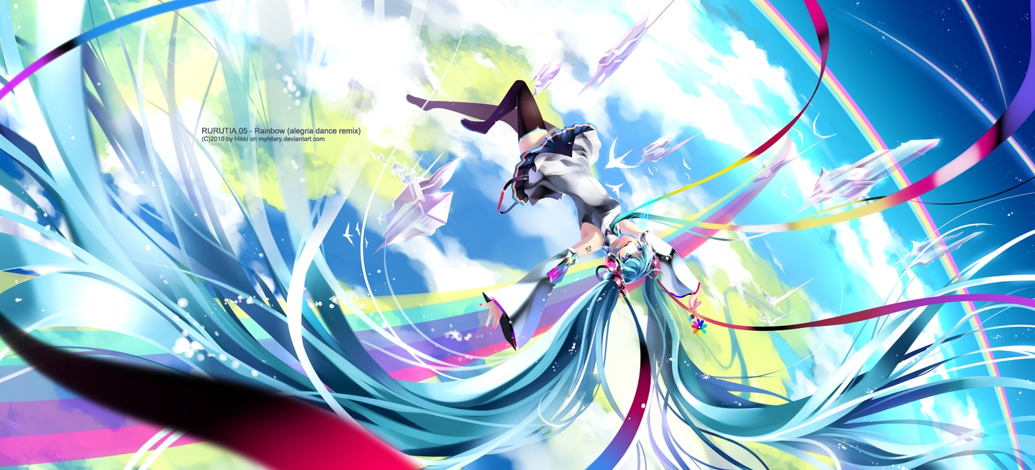 aqua_eyes, aqua_hair, clouds, hatsune_miku, headphones, long_hair, myhilary, rainbow
