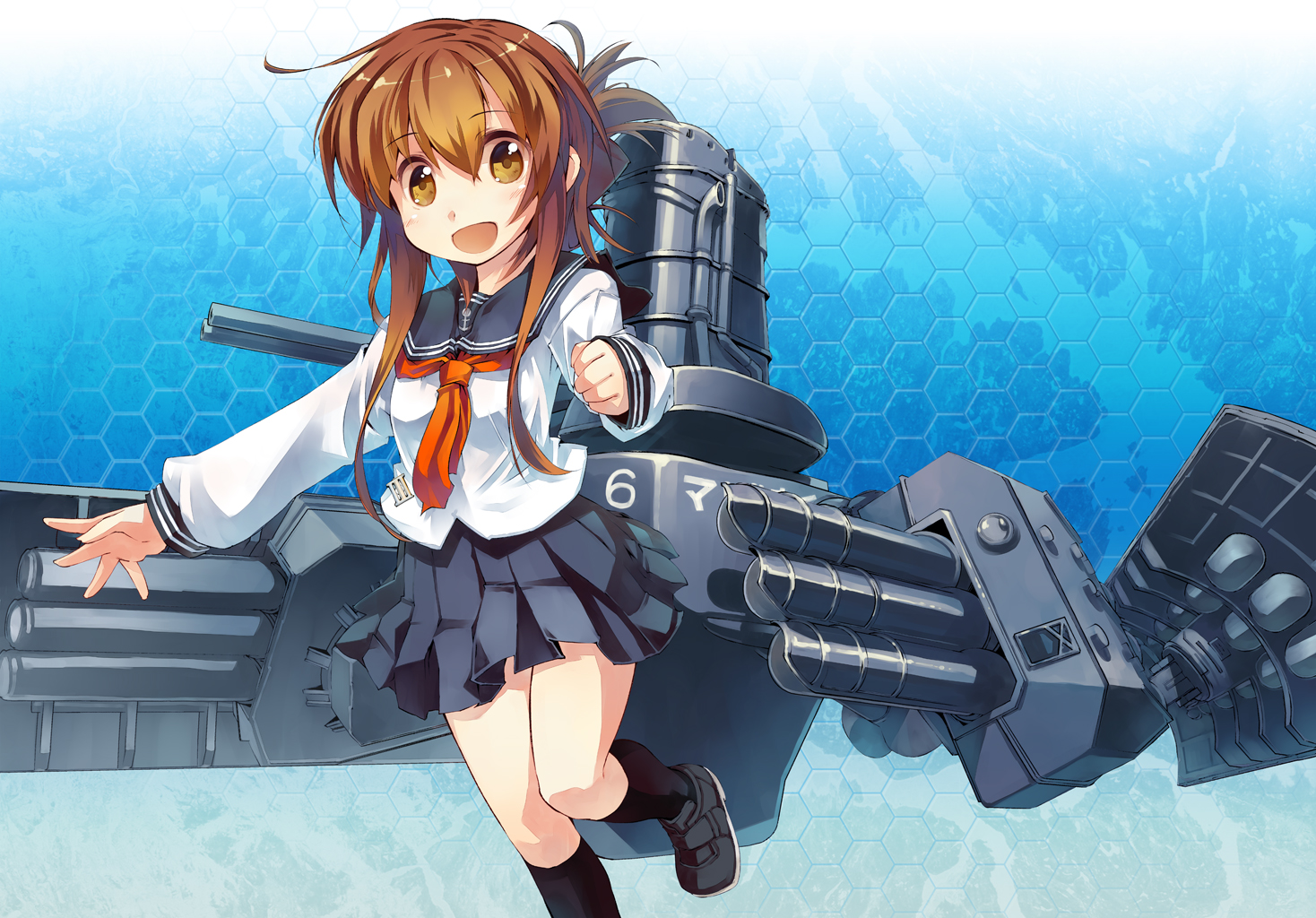 anthropomorphism, brown_eyes, brown_hair, inazuma_(kancolle), kantai_collection, kneehighs, nanaroku_(fortress76), school_uniform