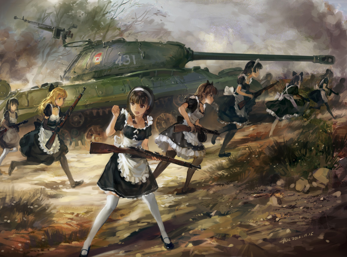 animal_ears, apron, black_hair, blonde_hair, brown_hair, combat_vehicle, elbow_gloves, gloves