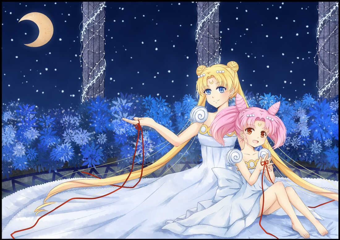 2girls, barefoot, blonde_hair, blue_eyes, chibiusa, dress, long_hair, lyra-kotto, moon, orange_eyes, pink_hair, princess_serenity, ribbons, sailor_moon, short_hair, snow, tsukino_usagi, twintails