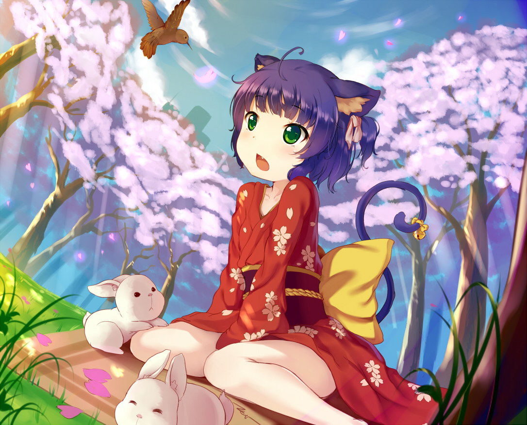 all_male, animal, animal_ears, bell, bird, catboy, cherry_blossoms, flowers, green_eyes, japanese_clothes, male, nevi_nakuta, otoko_no_ko, petals, ponytail, purple_hair, rabbit, ribbons, ryone_yami, short_hair, tail, utau