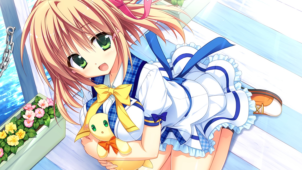 bow, brown_hair, flowers, game_cg, green_eyes, hontani_kanae, karumaruka_circle, otone_nicole