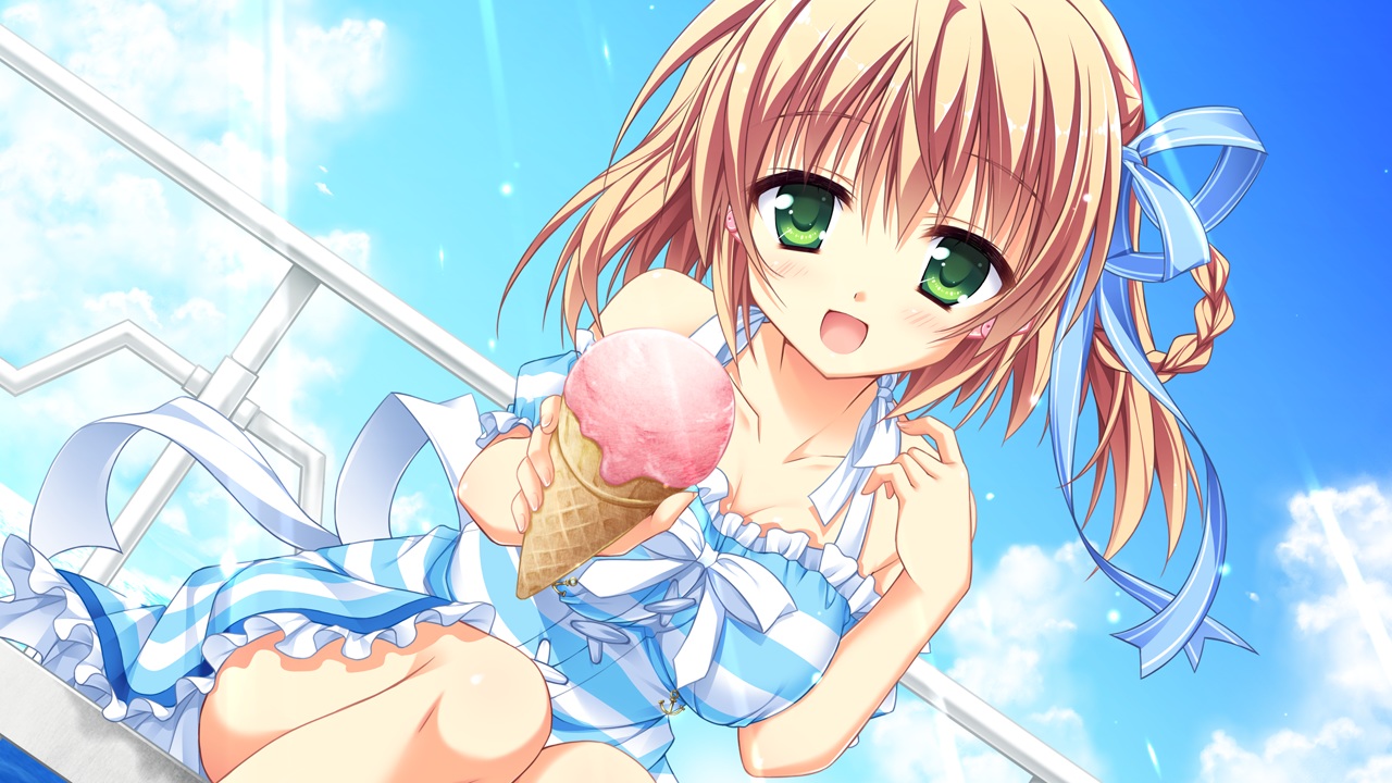 braids, brown_hair, food, game_cg, green_eyes, hontani_kanae, ice_cream, karumaruka_circle