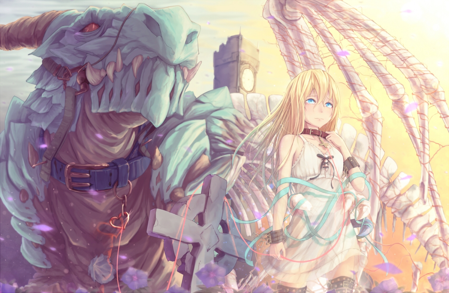 blonde_hair, blue_eyes, collar, cross, crying, dararito, dragon, dress, flowers, long_hair, original, petals, tears, thighhighs