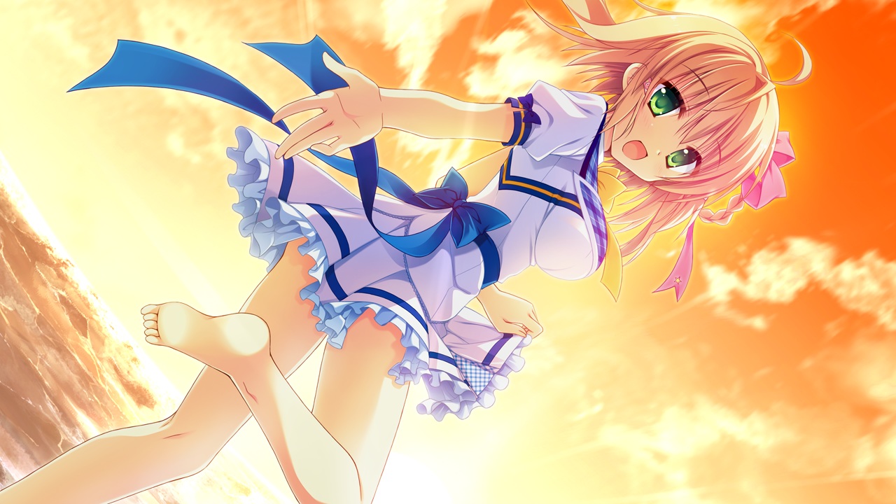 barefoot, bow, braids, brown_hair, clouds, game_cg, green_eyes, hontani_kanae