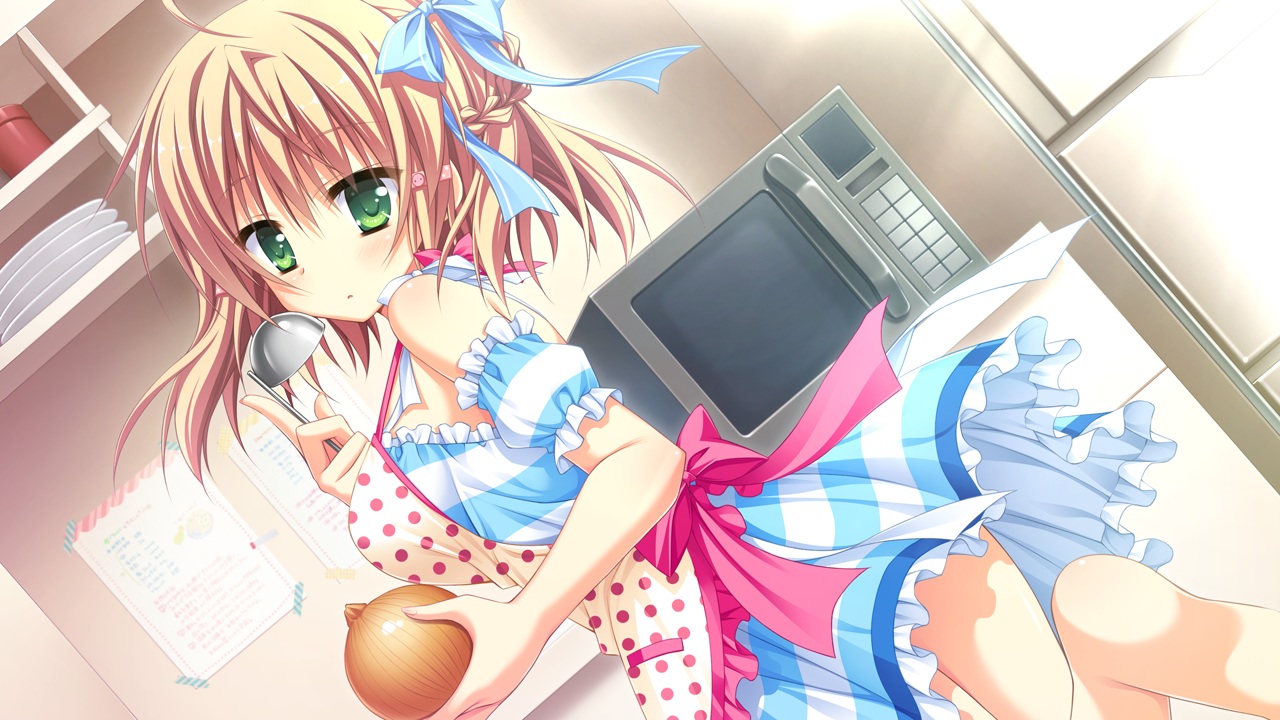 apron, barefoot, bow, brown_hair, food, game_cg, green_eyes, hontani_kanae