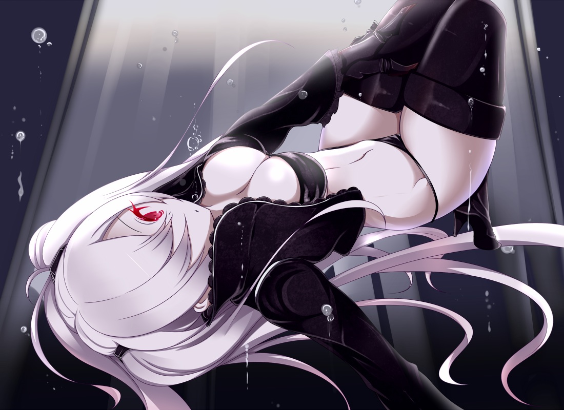 anthropomorphism, bikini, boots, breasts, bubbles, cleavage, gray_hair, kantai_collection, kotohane, long_hair, red_eyes, southern_ocean_oni, swimsuit, thighhighs, twintails