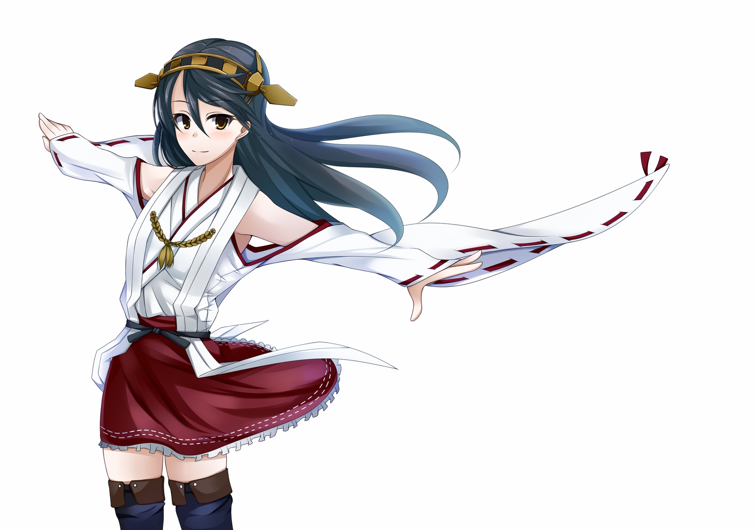anthropomorphism, black_hair, brown_eyes, haruna_(kancolle), headband, japanese_clothes, kantai_collection, kotohane