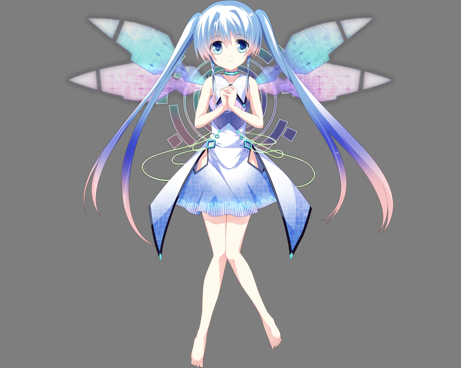 barefoot, bell_(cocoro@function!), blue_eyes, blue_hair, cocoro@function!, dress, hinata_momo, long_hair