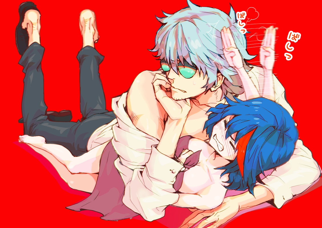 akutaa, barefoot, blue_hair, blush, kill_la_kill, matoi_ryuuko, mikisugi_aikurou, open_shirt, red, short_hair, sunglasses, towel
