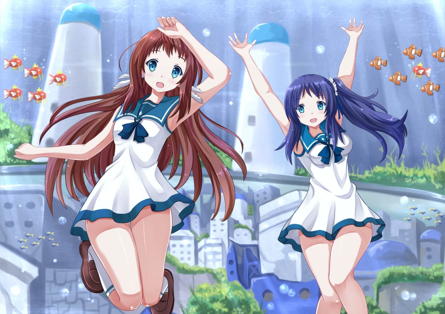 2girls, animal, blue_eyes, blue_hair, brown_hair, bubbles, dress, fish