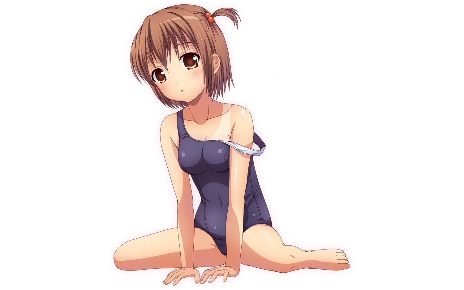 barefoot, blush, brown_eyes, brown_hair, kk-sk-ray, school_swimsuit, short_hair, swimsuit
