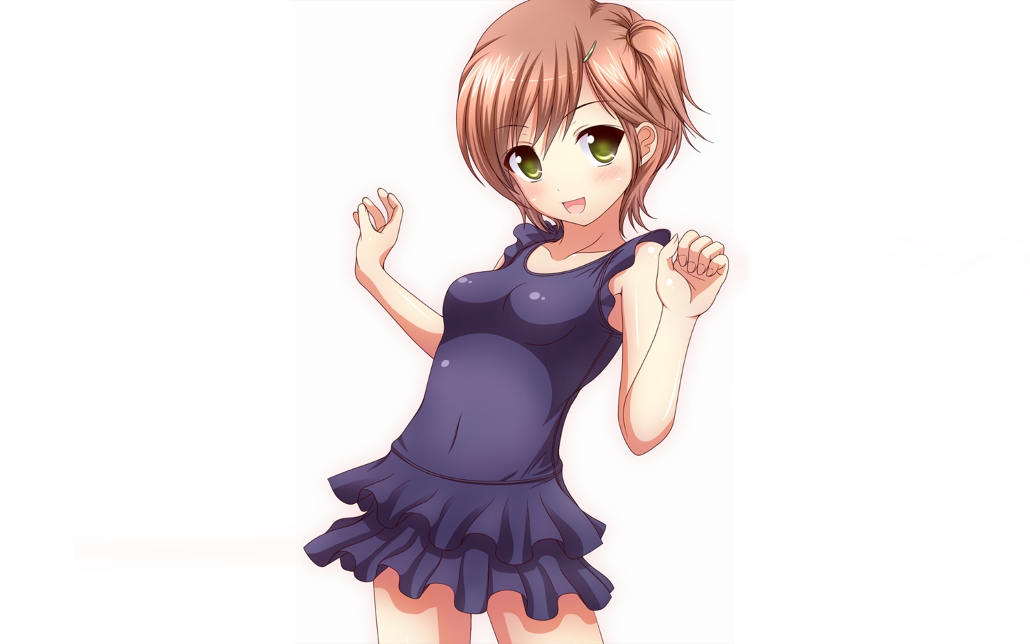 blush, brown_hair, green_eyes, kk-sk-ray, short_hair, swimsuit, white