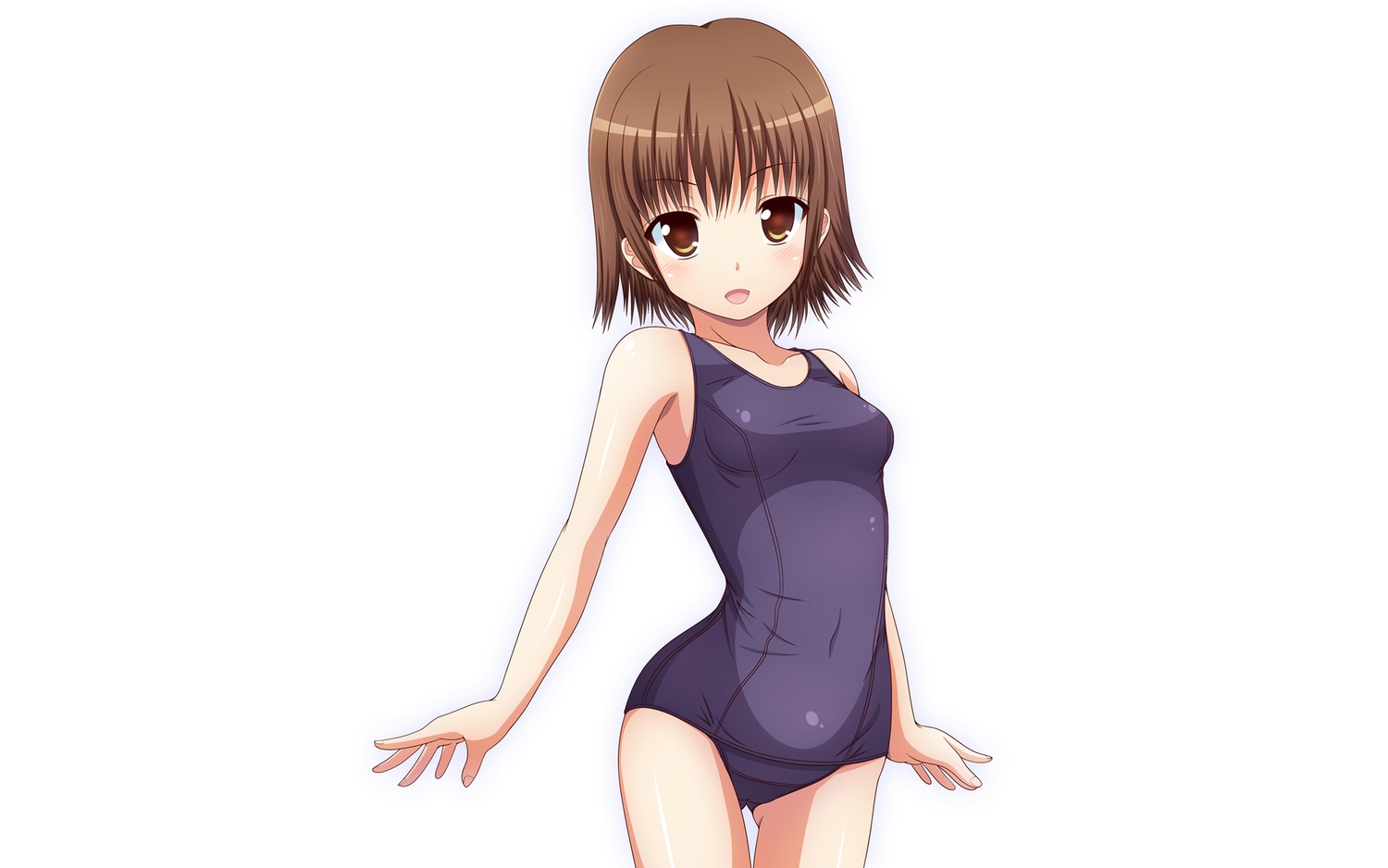 blush, brown_eyes, brown_hair, kk-sk-ray, school_swimsuit, short_hair, swimsuit, white