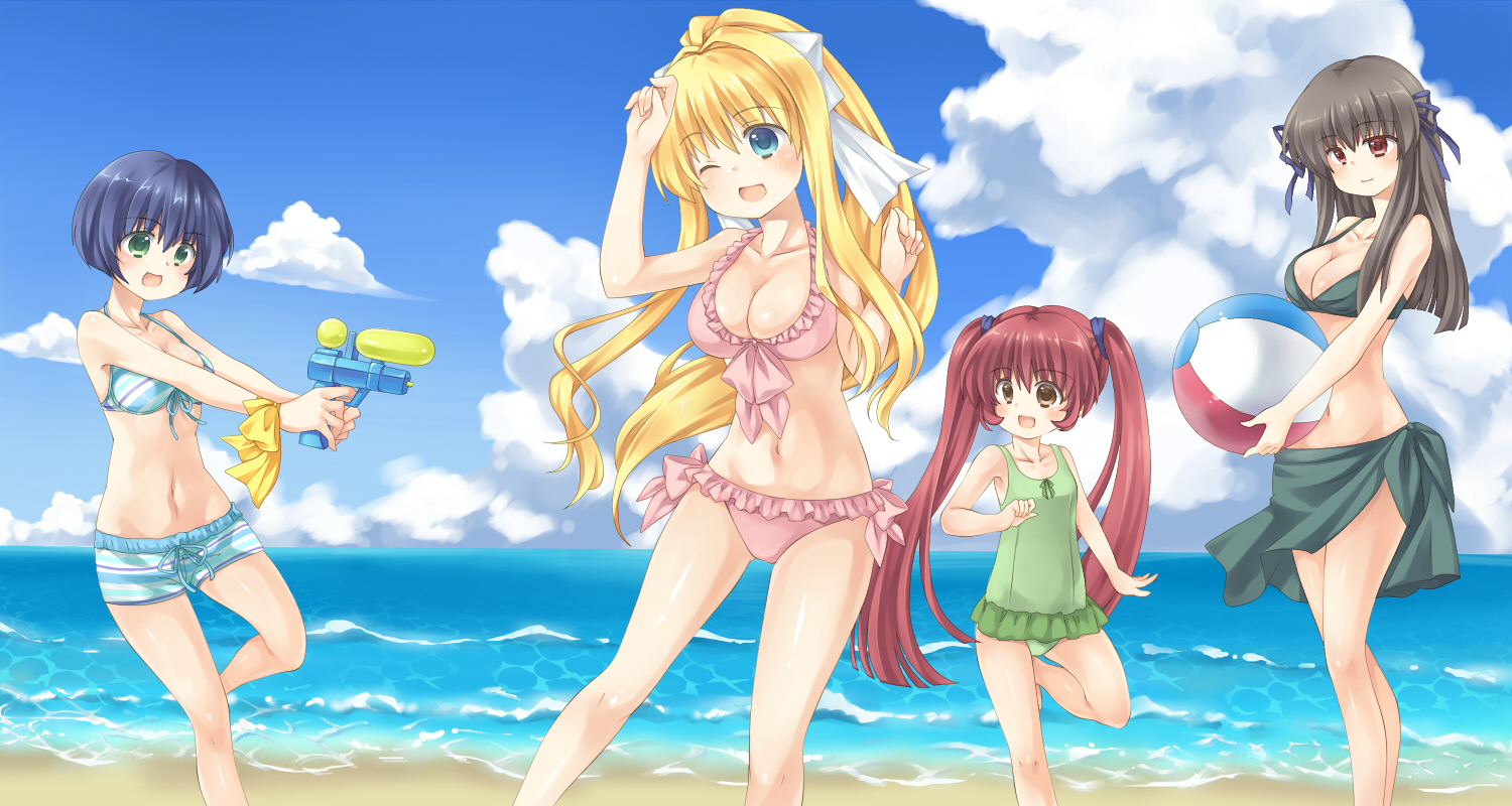 air, ball, beach, bikini, black_hair, blonde_hair, blue_eyes, blue_hair, breasts, brown_eyes, cleavage, clouds, green_eyes, group, kamio_misuzu, kirishima_kano, loli, long_hair, michiru, navel, ponytail, red_eyes, red_hair, ribbons, satou_aoi, short_hair, shorts, swimsuit, tohno_minagi, twintails, water, wink