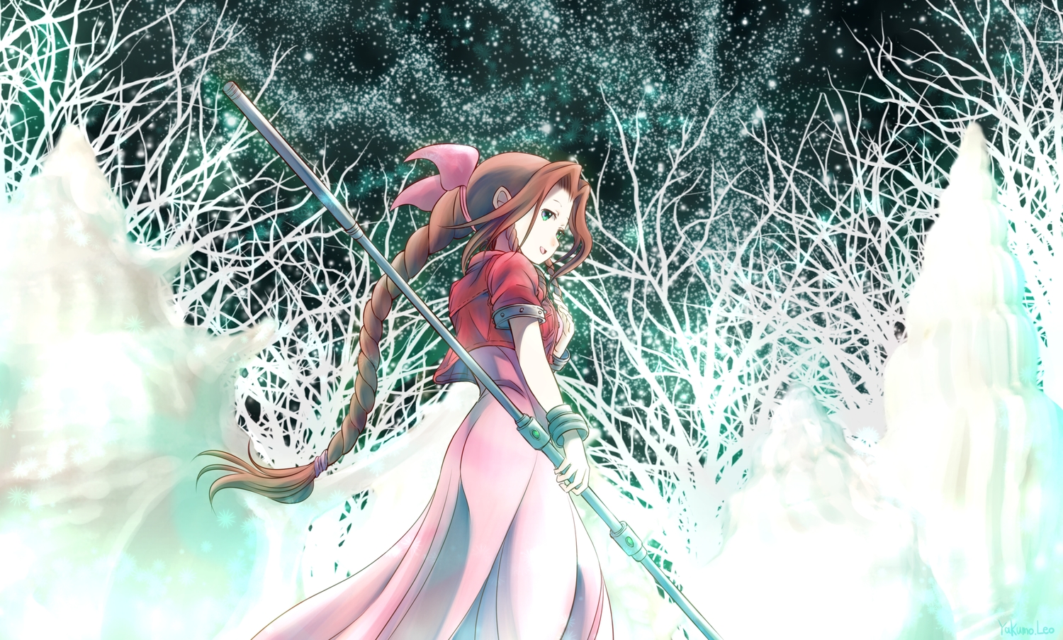 aerith_gainsborough, braids, brown_hair, dress, final_fantasy, final_fantasy_vii, green_eyes, long_hair
