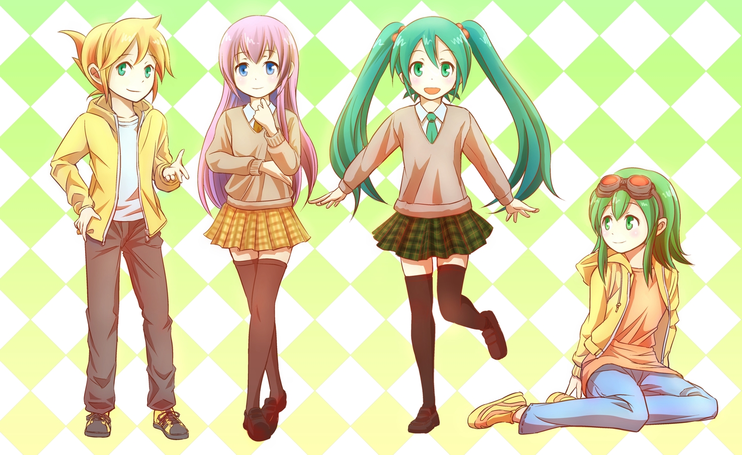 aqua_eyes, aqua_hair, blonde_hair, blue_eyes, goggles, green_eyes, green_hair, group, gumi, hatsune_miku, hood, kagamine_len, long_hair, male, megurine_luka, purple_hair, school_uniform, short_hair, skirt, thighhighs, tie, twintails, vocaloid, yakumoreo