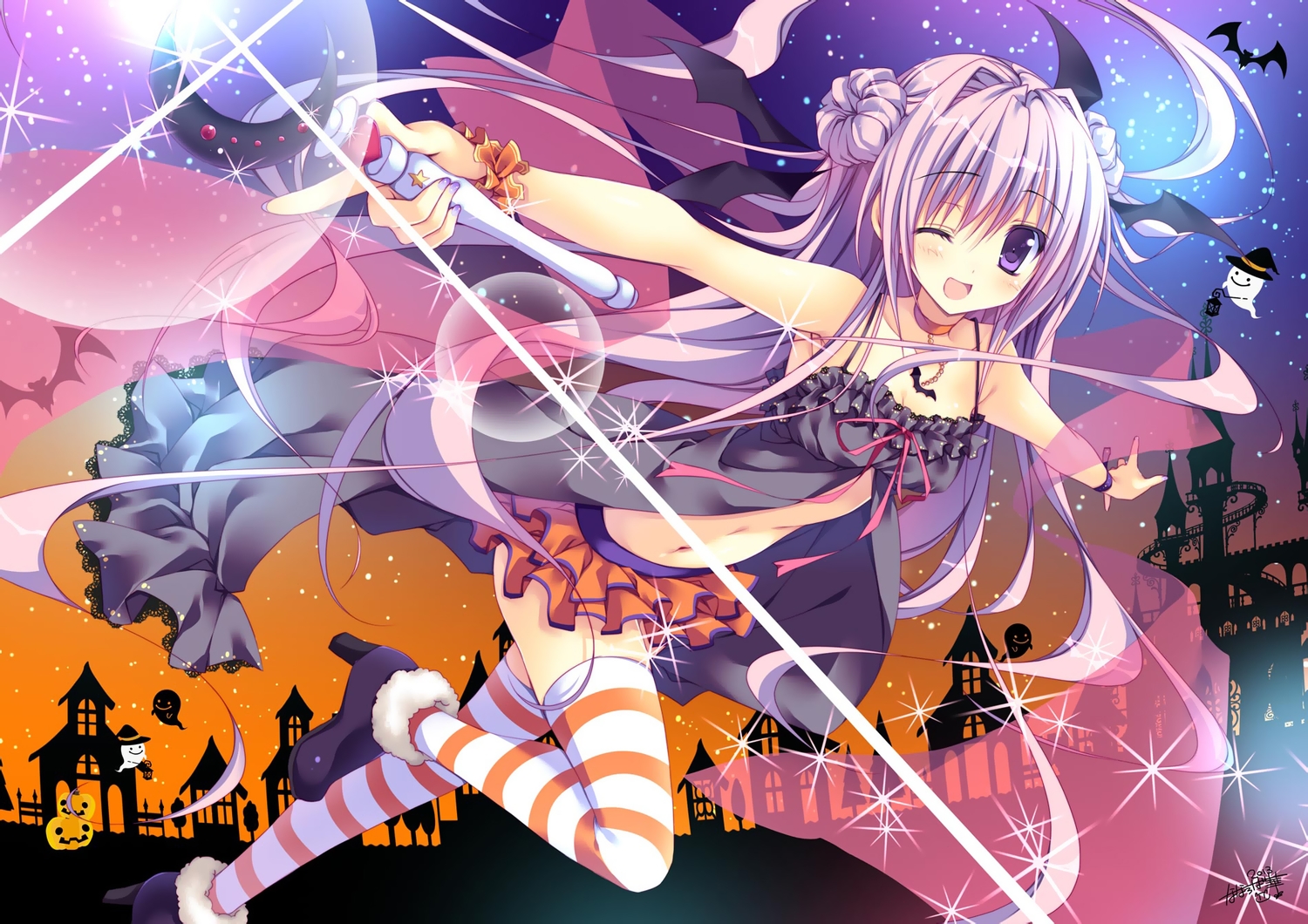 breasts, choker, cleavage, halloween, long_hair, nanaroba_hana, navel, original, purple_eyes, purple_hair, skirt, stockings, thighhighs, wand, wink