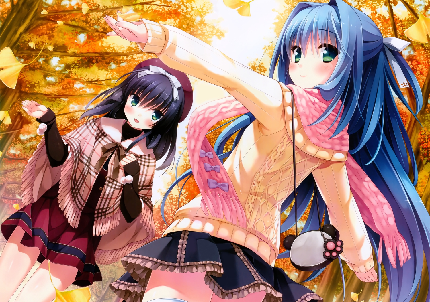 2girls, autumn, black_hair, blue_hair, blush, cube, green_eyes, hat