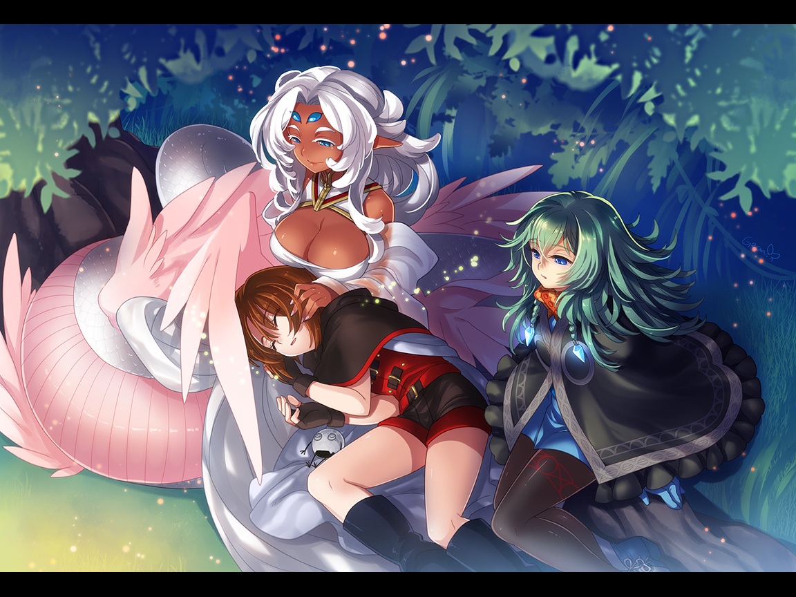 blue_eyes, boots, breasts, brown_hair, cape, cleavage, dark_skin, dress, gloves, green_hair, hazuki_gean, long_hair, original, pantyhose, pixiv_fantasia, pointed_ears, short_hair, signed, sleeping, white_hair