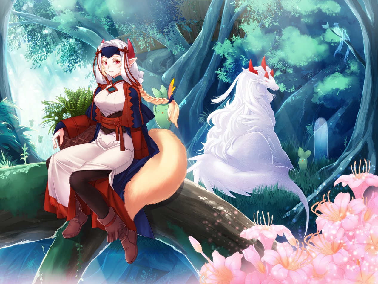 animal, bird, blonde_hair, boots, braids, dress, flowers, forest, hazuki_gean, headband, horns, long_hair, original, pantyhose, pixiv_fantasia, pointed_ears, red_eyes, tail, tree