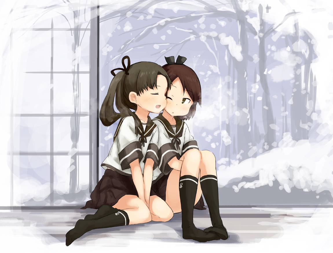 2girls, abe_kanari, anthropomorphism, ayanami_(kancolle), black_hair, blush, brown_eyes, brown_hair
