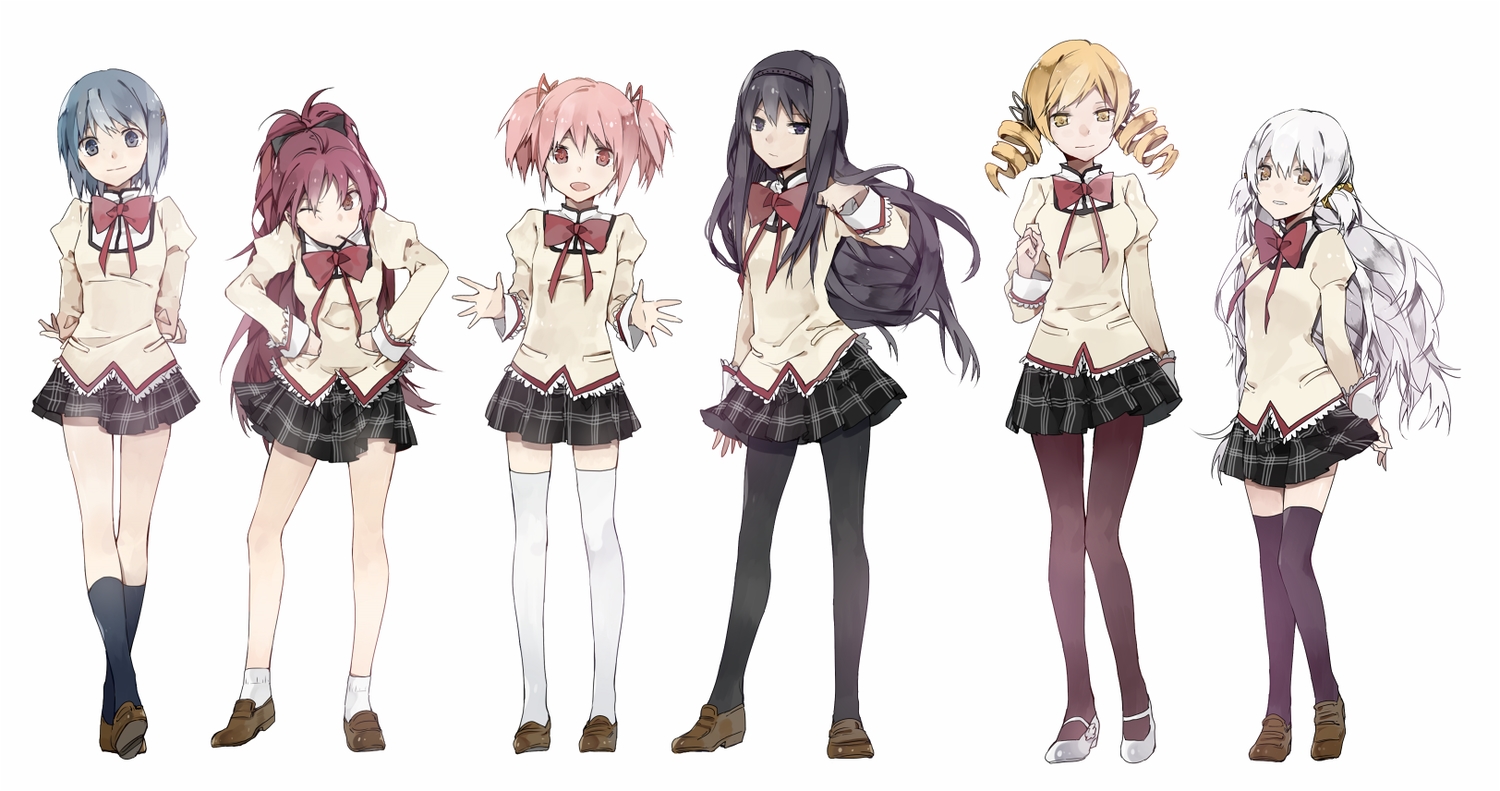 akemi_homura, black_eyes, black_hair, blonde_hair, blue_eyes, blue_hair, bow, brown_eyes, group, headband, kaname_madoka, kneehighs, long_hair, mahou_shoujo_madoka_magica, miki_sayaka, momoe_nagisa, pantyhose, pink_hair, ponytail, pugeum, red_eyes, red_hair, sakura_kyouko, school_uniform, short_hair, skirt, socks, thighhighs, tomoe_mami, twintails, white, white_hair, wink, yellow_eyes