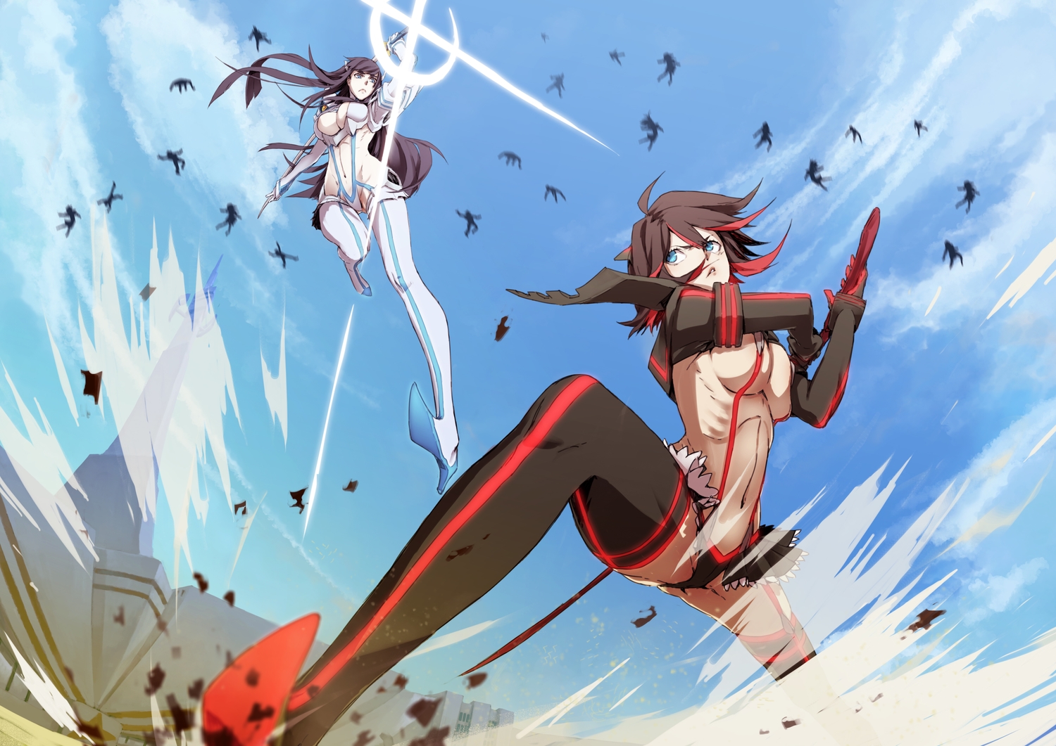 2girls, aqua_eyes, black_hair, breasts, brown_hair, cleavage, hu58013901, kill_la_kill, kiryuin_satsuki, long_hair, matoi_ryuuko, navel, red_hair, short_hair, sideboob, sky, sword, thighhighs, underboob, weapon