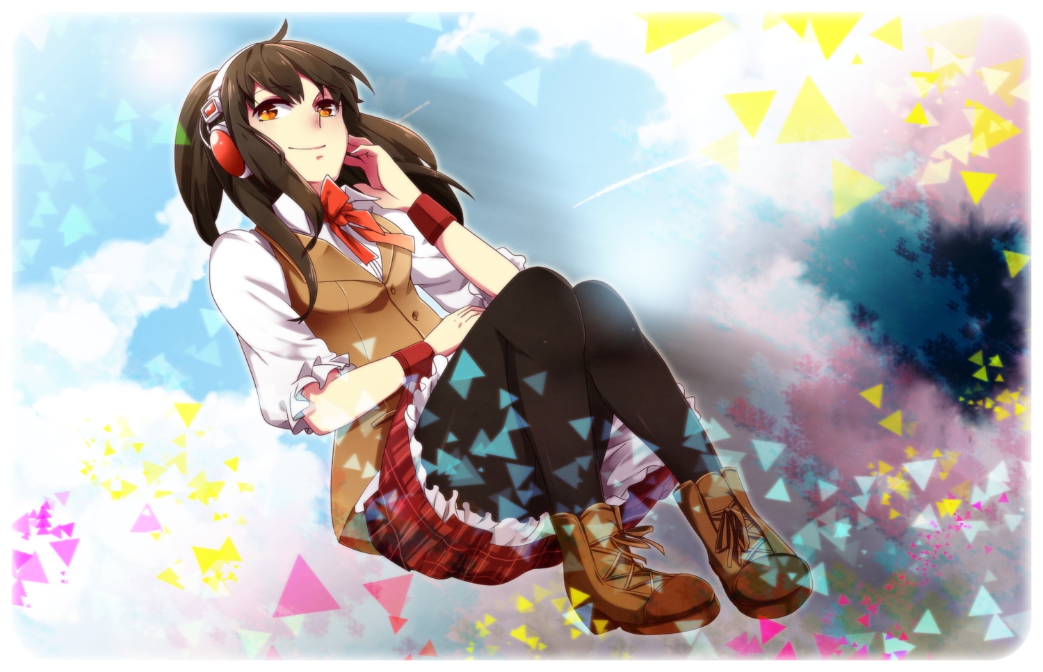 black_hair, boots, bow, headphones, long_hair, orange_eyes, pantyhose, school_uniform, skirt, terrainakka, utau, utaune_nami