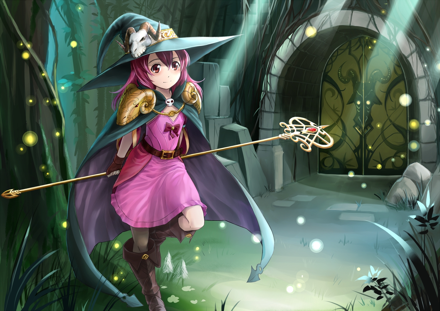 blush, boots, cape, gloves, hat, jastersin21, long_hair, original, pink_eyes, pink_hair, roana, skull, staff, tree, witch_hat