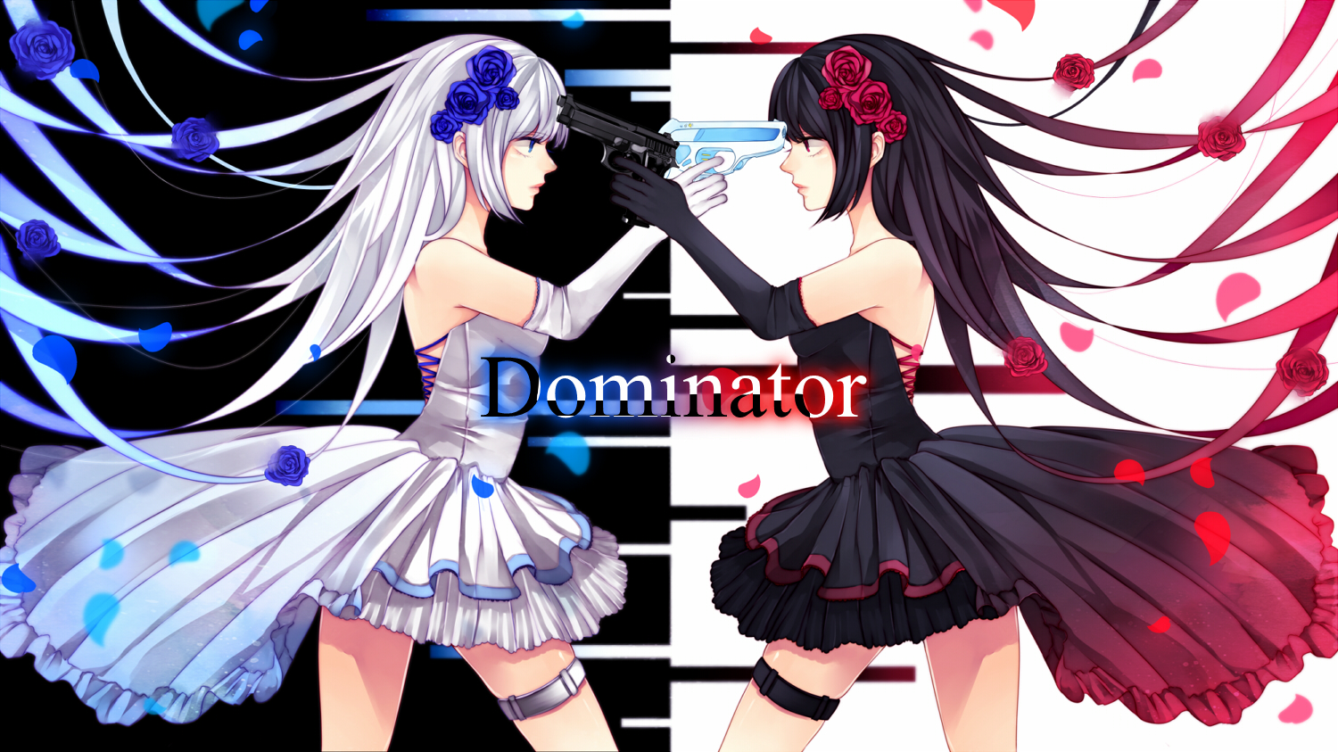 2girls, black_hair, blue_eyes, dress, elbow_gloves, flowers, gloves, gun