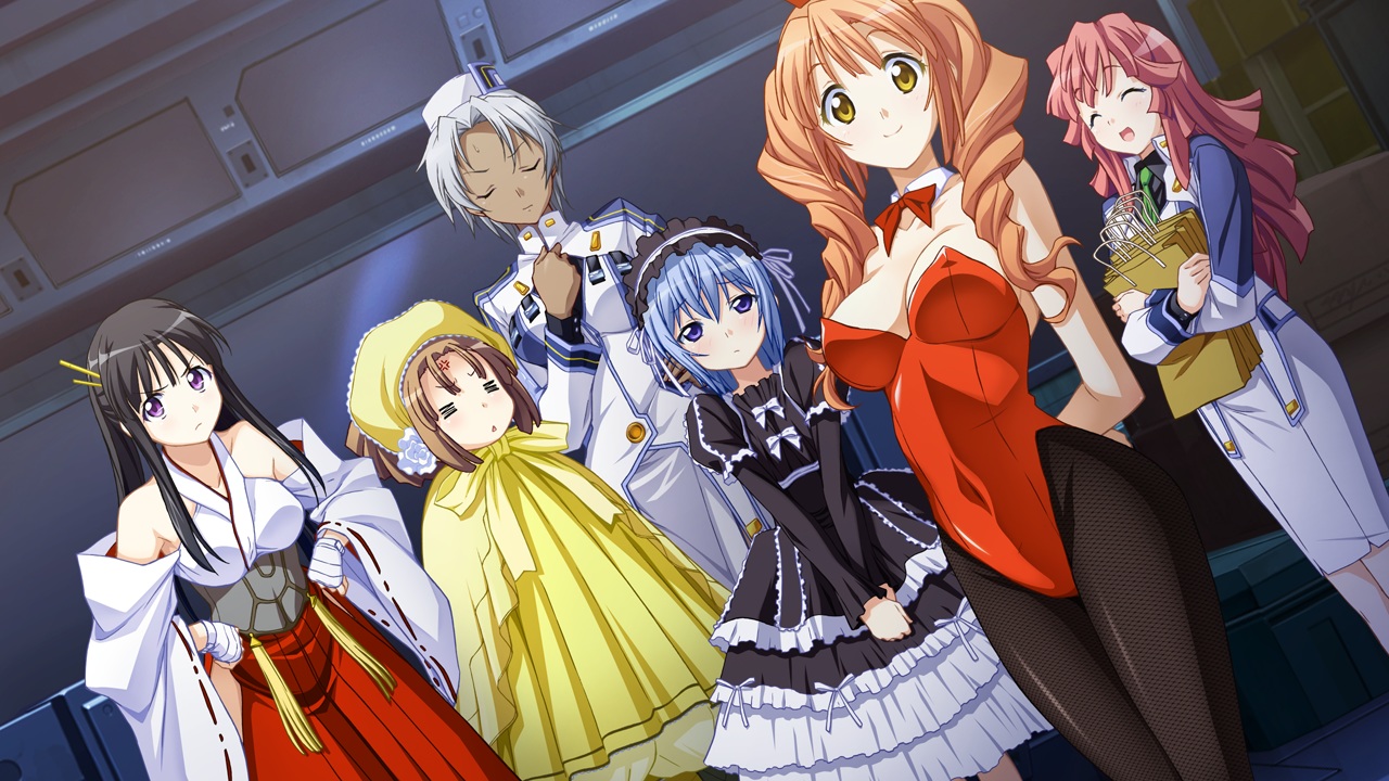 baldr_sky_zero, black_hair, blue_hair, blush, breasts, brown_eyes, brown_hair, bunnygirl, cleavage, franziska_goodman, game_cg, goth-loli, gray_hair, hat, japanese_clothes, kei_(baldr_sky_zero), leotard, lina_appleton, lolita_fashion, marel, miko, pantyhose, purple_eyes, shizel_steinbrecher, shizuno_sakura, tsunashima_shirou, uniform