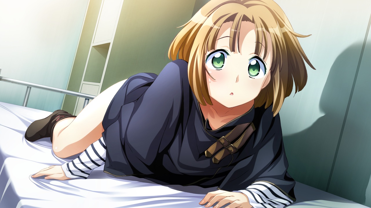 baldr_sky_zero, blush, brown_hair, game_cg, green_eyes, kei_(baldr_sky_zero), short_hair, tsunashima_shirou