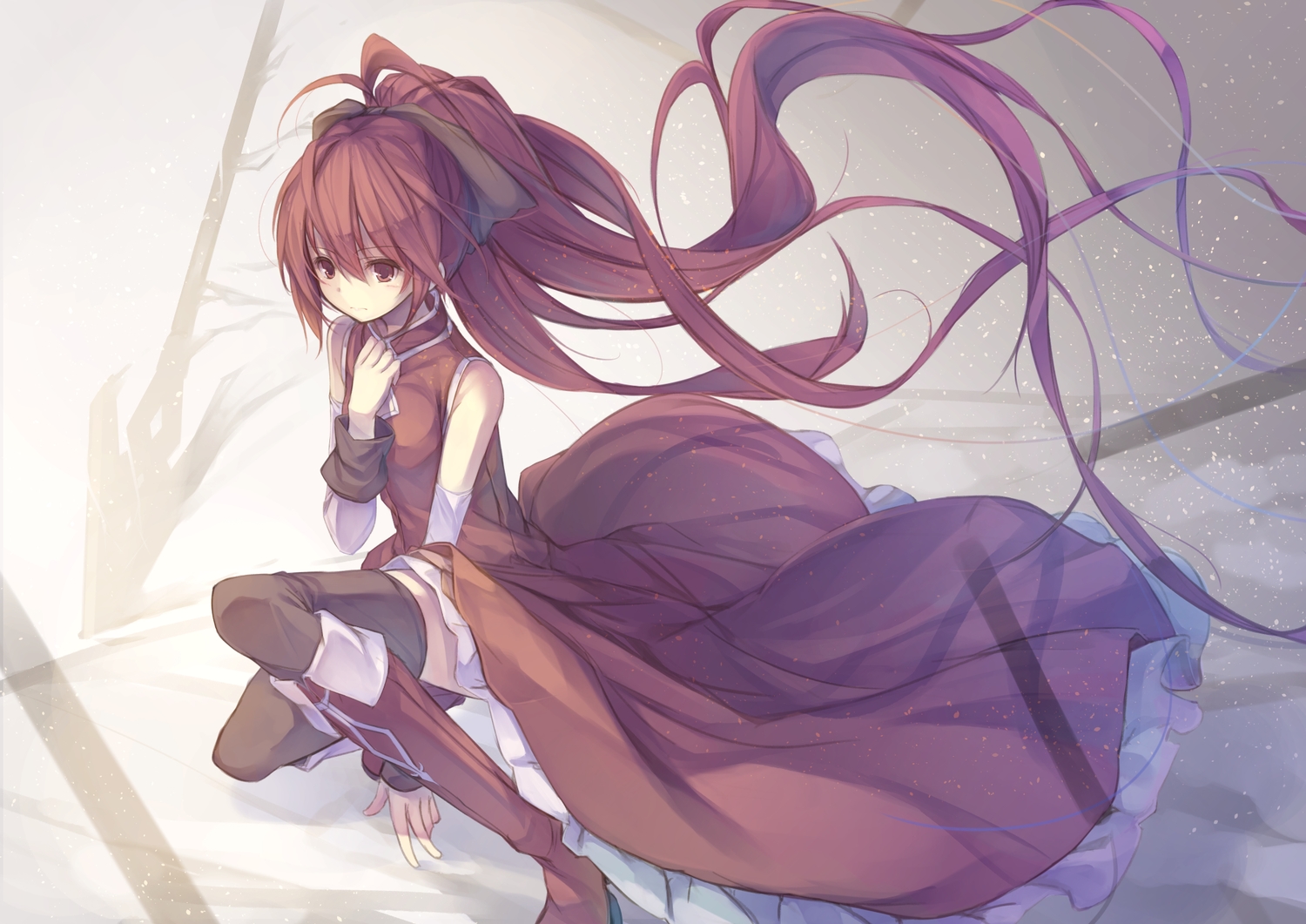 boots, dress, fal_maro, long_hair, mahou_shoujo_madoka_magica, ponytail, red_eyes, red_hair