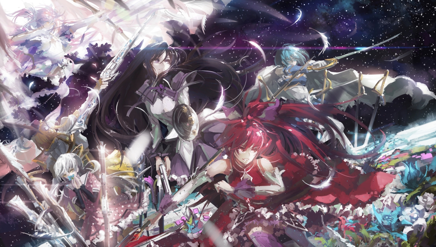 akemi_homura, black_hair, blonde_hair, blue_hair, bow_(weapon), cape, dress, feathers