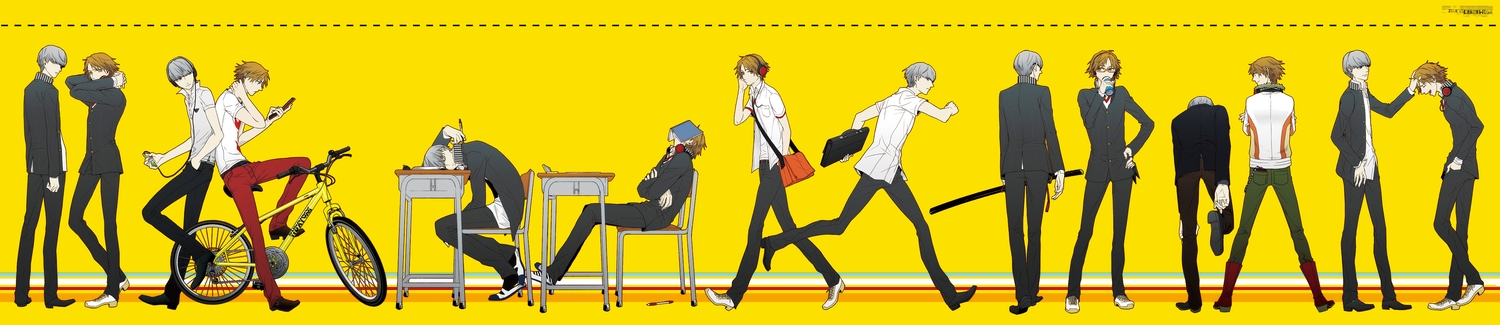 all_male, bicycle, brown_hair, drink, dualscreen, glasses, gray_hair, hanamura_yousuke