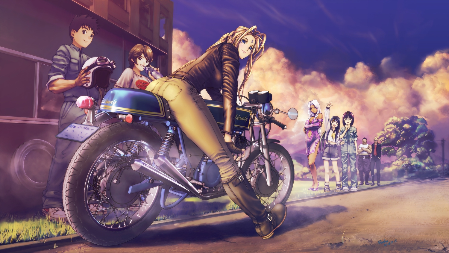 aa_megami-sama, belldandy, blonde_hair, blue_eyes, boots, brown_eyes, brown_hair, clouds, gloves, group, long_hair, morisato_keiichi, morisato_megumi, motorcycle, short_hair, signed, skuld, sky, socha_(socha00), urd