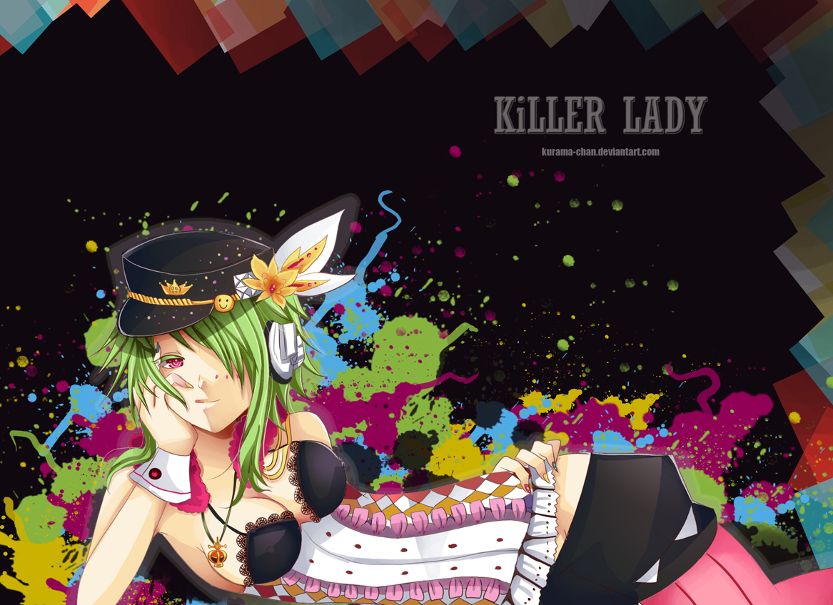 breasts, cleavage, erect_nipples, green_hair, gumi, hat, killer_lady_(vocaloid), kurama-chan, necklace, pantyhose, pink_eyes, short_hair, shorts, sideboob, vocaloid, watermark