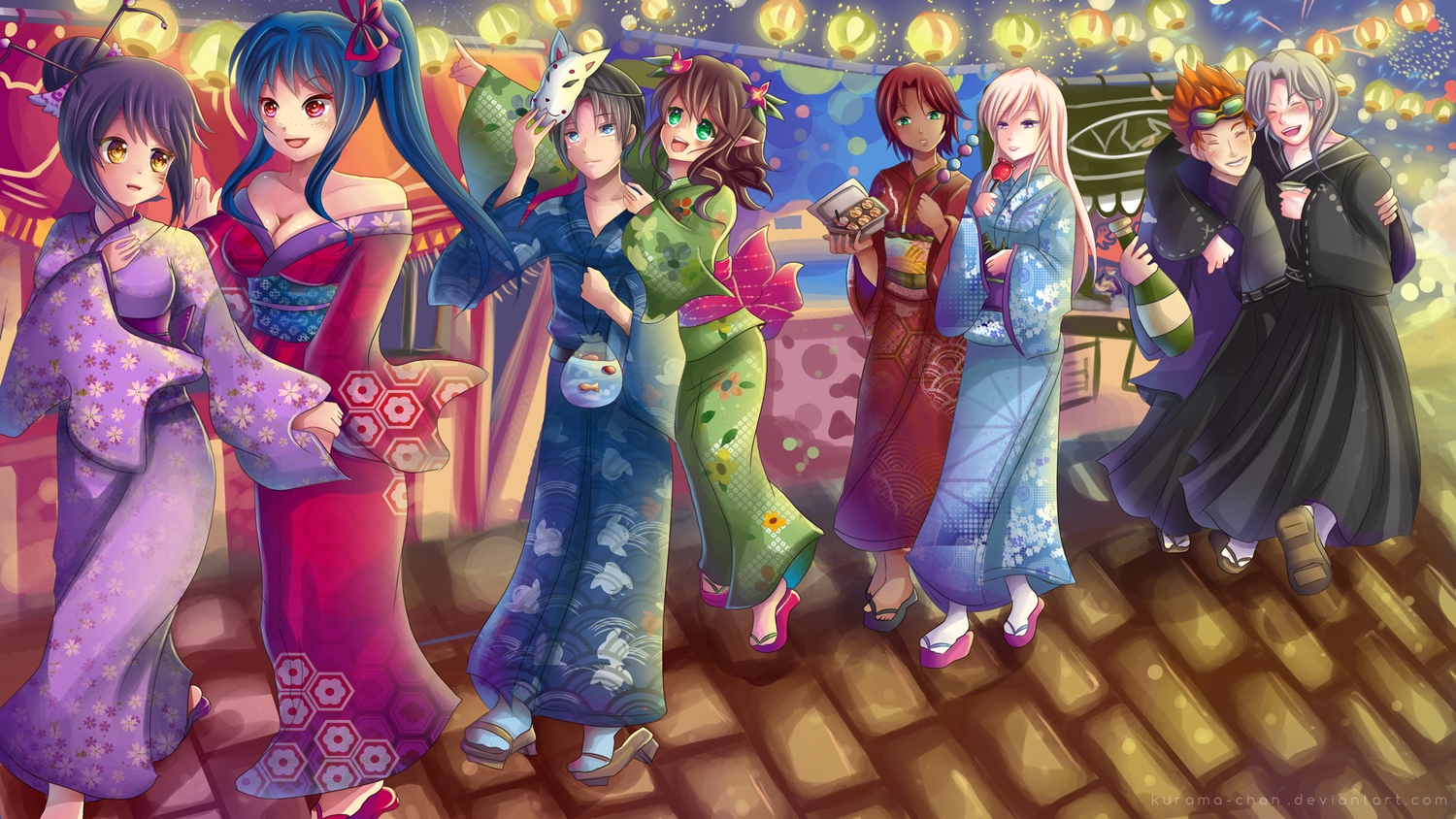 blonde_hair, blue_eyes, blue_hair, brown_hair, drink, festival, food, goggles, gray_hair, green_eyes, group, japanese_clothes, kimono, kurama-chan, long_hair, mask, orange_hair, original, pointed_ears, ponytail, purple_eyes, red_eyes, red_hair, short_hair, yellow_eyes