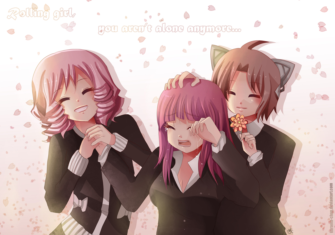 animal_ears, brown_hair, crying, kurama-chan, long_hair, original, pink_hair, rolling_girl_(vocaloid), short_hair, signed, tears, watermark
